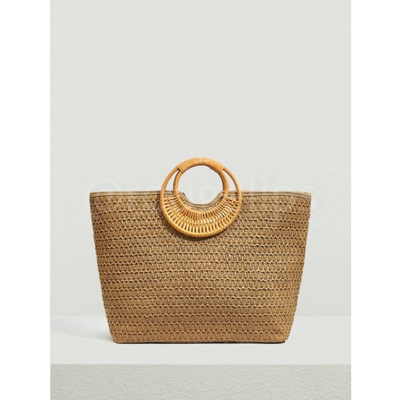 Sequined Floral Decorated Straw Tote Bag Bamboo Handle - Picture 10 of 13